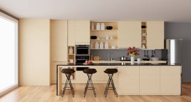 Ada 3 boyutlu, bej renkli, modern bir mutfak.