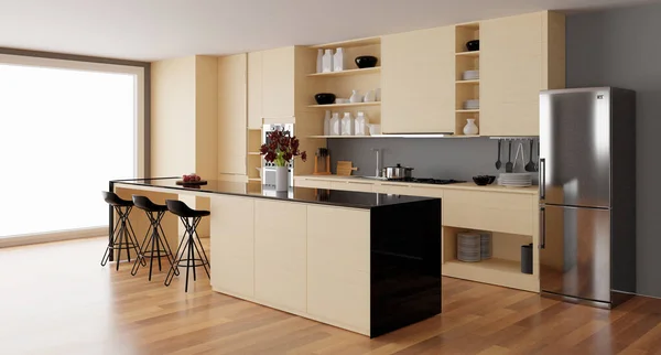 Beige Modern Kitchen Island Idea Rendering Interior Design Wooden Floor — Stock Photo, Image