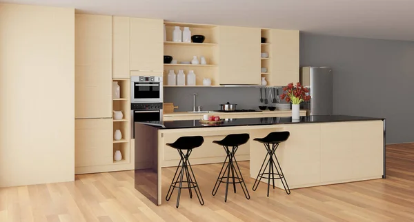 Representación Interior Cocina Moderna Beige Con Isla Habitación Tiene Suelo — Foto de Stock