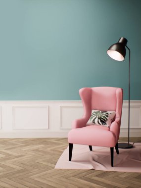 Modern oturma odası. Pembe sandalyeli ve lambalı. Pastel yeşil duvarlı.