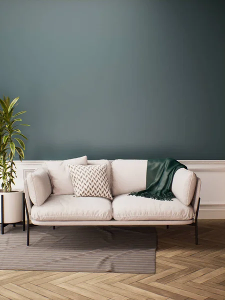Sofa ile modern oda iç tasarımı. Yeşil Duvar ve ahşap zemin. oda modelleme tarzı oturma odası iç mekan 3D resimleme