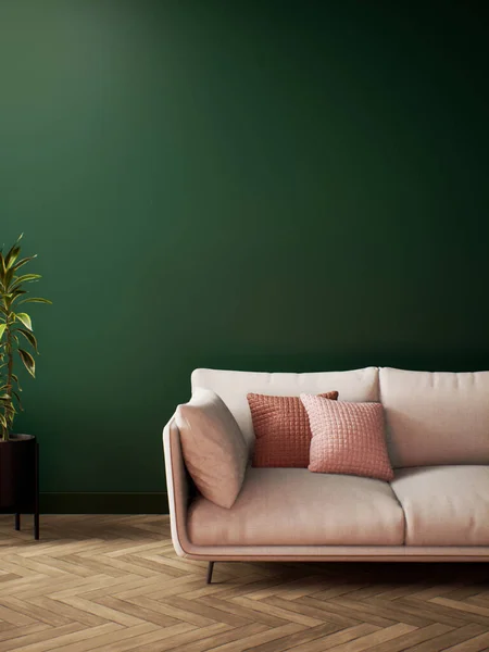 Habitación Moderna Diseño Interior Con Pared Verde Suelo Madera Mockup — Foto de Stock