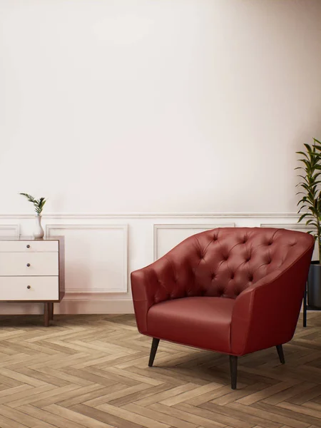 Koltuk 3D render arkaplanlı beyaz odanın modern klasik iç tasarımı