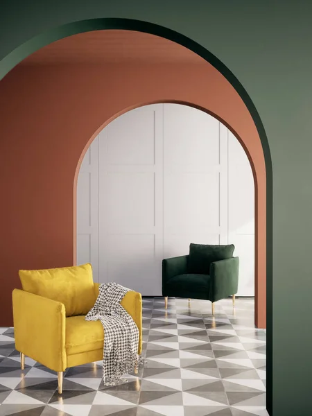 오렌지색 현대의 렌더링 방에도 패턴층이 의자로 — 스톡 사진