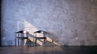 Modern tarzda karanlık oda, çatı katı gri duvar, 3 boyutlu çizim arkaplan