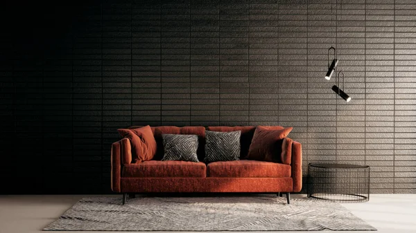 siyah oturma odası modern tarzda, kırmızı kanepe, 3D işlemeli arkaplan