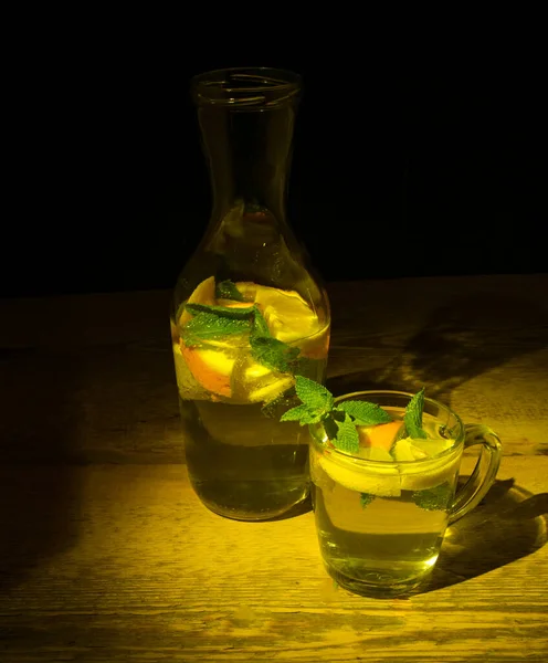 Cup Bottle Lemonade Fruits Mint Lemon Orange Wooden Table — Stock Photo, Image