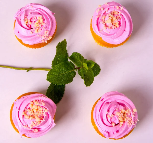 Bellissimi Muffin Rosa Torte Con Rametto Menta Uno Sfondo Leggero — Foto Stock