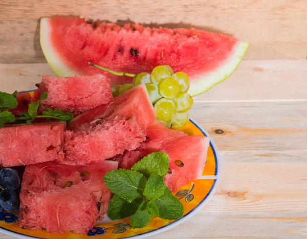 Watermelon Bunch Grapes Mint Plate Light Wooden Table Close Still — Stock Photo, Image