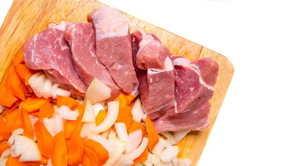 Pork Meat Cut Pieces Carrots Onions Cutting Board White Background — Stock Photo, Image