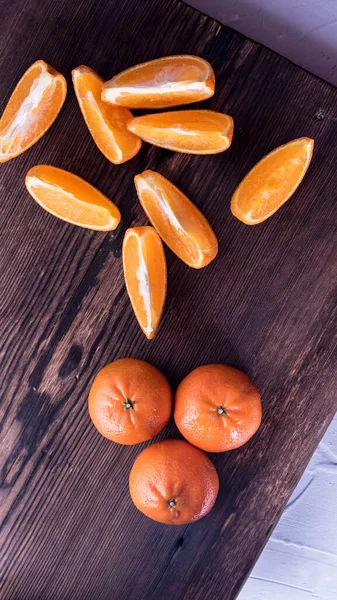 Tangerines Whole Slices Old Dark Wooden Table Close Space Text — стоковое фото