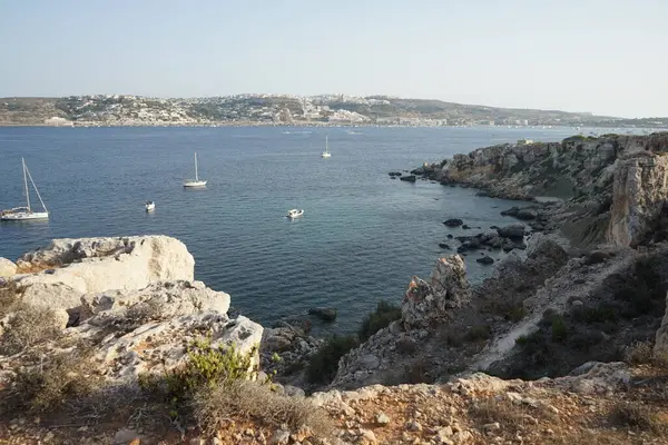 L-Ahrax sahil şeridinde kayalık kıyılar ve eşsiz bitki örtüsü. L-Ahrax, Mellieha, Malta 