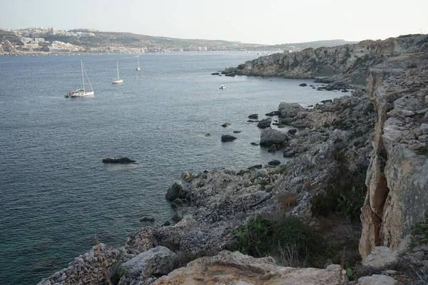 L-Ahrax sahil şeridinde kayalık kıyılar ve eşsiz bitki örtüsü. L-Ahrax, Mellieha, Malta 