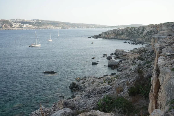 L-Ahrax sahil şeridinde kayalık kıyılar ve eşsiz bitki örtüsü. L-Ahrax, Mellieha, Malta 