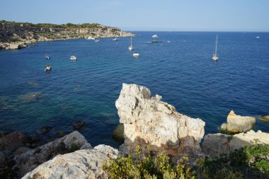 L-Ahrax sahil şeridinde kayalık kıyılar ve eşsiz bitki örtüsü. L-Ahrax, Mellieha, Malta 