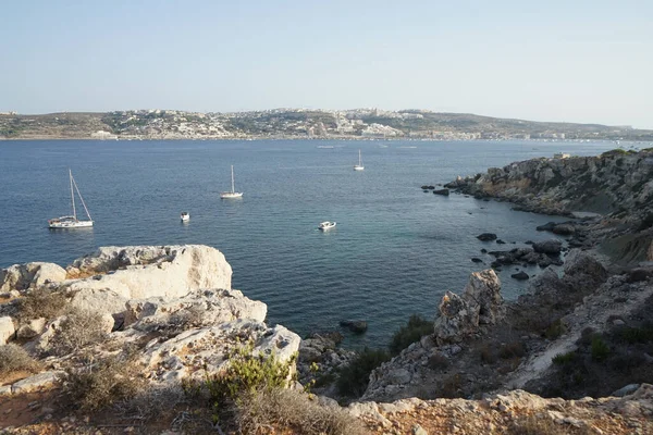 L-Ahrax sahil şeridinde kayalık kıyılar ve eşsiz bitki örtüsü. L-Ahrax, Mellieha, Malta 