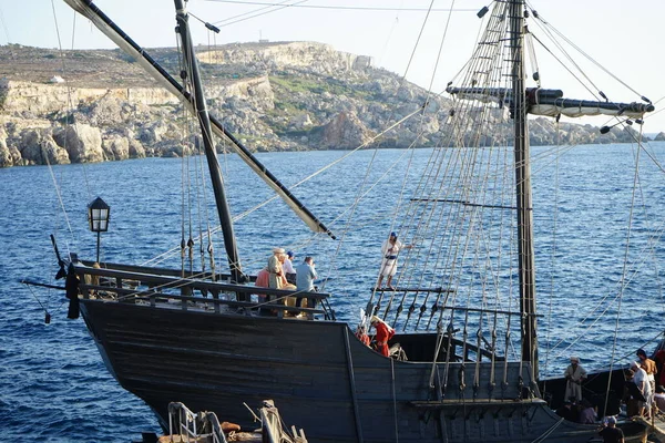 Historical Reconstruction Turkish Sailing Ship Paradise Bay Pier Cirkewwa Mellieha — Stock Photo, Image