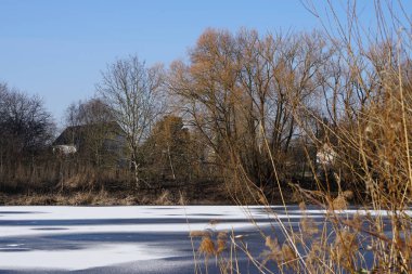 Şubat ayında Wuhlesee Gölü buz ve karla kaplıdır. Wuhlebecken ya da Wuhlesee, Marzahn-Hellersdorf, Berlin, Almanya, Avrupa 'da bulunan bir göldür.. 