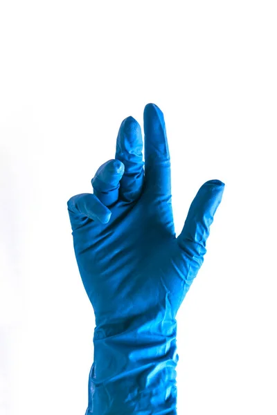 Синяя Перчатка Уборки Показывает Большие Пальцы Вверх Изолированный Белом Фоне — стоковое фото