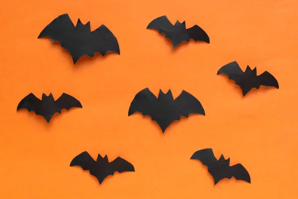 Feliz Halloween Concepto Vacaciones Decoraciones Halloween Murciélagos Sobre Fondo Naranja — Foto de Stock