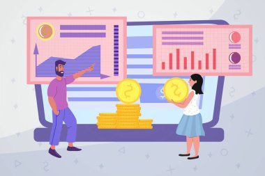 Web sitesi monetizasyon takım çalışması satış grafiklerini artırıyor vektör illüstrasyon kavramını geliştiriyor. Bilgisayarın arka planında büyüyen göstergelerde kadın ve erkek.