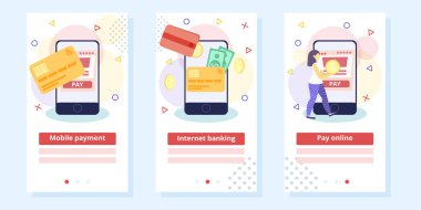 Çevrimiçi ödeme ev alışverişi banka kartı konsept vektör illüstrasyonuyla yapılıyor. Mobil uygulamalar için şablon web siteleri bütçe planlama finansal ödeme sistemleri