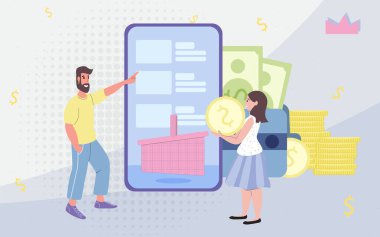İnternet satın alma vektörü illüstrasyon konsepti için çevrimiçi alışveriş mobil uygulaması. Cep telefonunun arka planındaki bir adam ve kadın cep telefonu satın almak için cep telefonu uygulamasının sepetinden ödeme yapıyorlar.