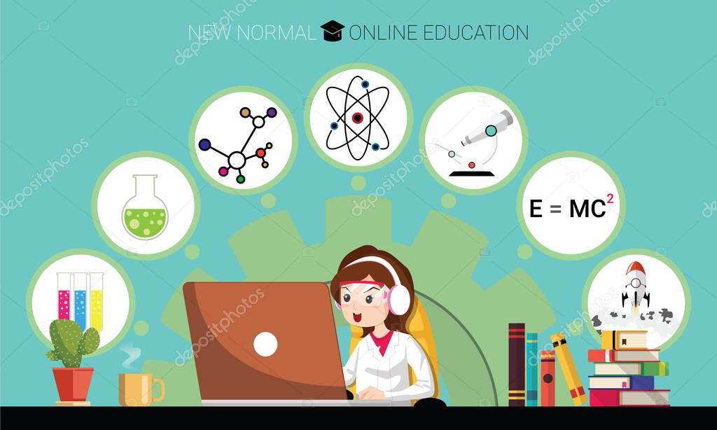 New normal concept and physical distancing. Girl using laptop for online education e-learning Science at home for prevention from coronavirus outbreak. Vector illustration of new behavior after Covid-19 pandemic