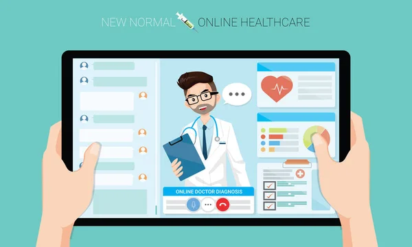 온라인 의료와 상담을 태블릿을 새로운 일반적 신체적 거리를 줍니다 청진기와 — 스톡 벡터