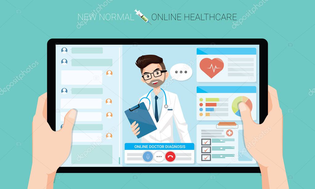 New normal concept and physical distancing, Hands holding tablet to use online healthcare and medical consultation. Doctor video conference with stethoscope. Vector illustration of new behavior after Covid-19 pandemic