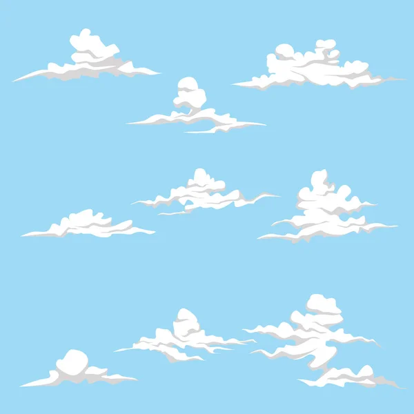 Set Van Verschillende Wolken Cartoon Wolken Geïsoleerd Blauwe Hemel Panorama — Stockvector