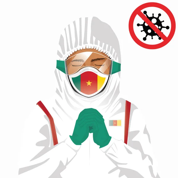 Covid 19またはコロナウイルスの概念 カメルーンの医療スタッフは 保護服にマスクを着用し カメルーンで発生したCovid 19ウイルスに対する祈りをしています カメルーン人とカメルーン人の旗 流行性コロナウイルス — ストックベクタ