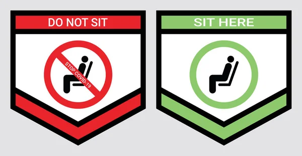 コロナウイルスやコビト19のパンデミックを防ぐためにここに座って座ってはいけません 距離を保つ6フィートまたは2メートル椅子 シャトルバス 地下鉄 トラム 食堂のコンセプトのための物理的な距離 — ストックベクタ
