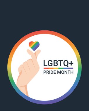 Aşkın cinsiyeti yoktur. LGBTQ Onur Ayı konsepti. Kore sembolünün sembolü. Mini kalbi gökkuşağı renkleriyle birlikte koyu arkaplanda izole edilmiş. Kopya alanı ile renkli vektör illüstrasyonu