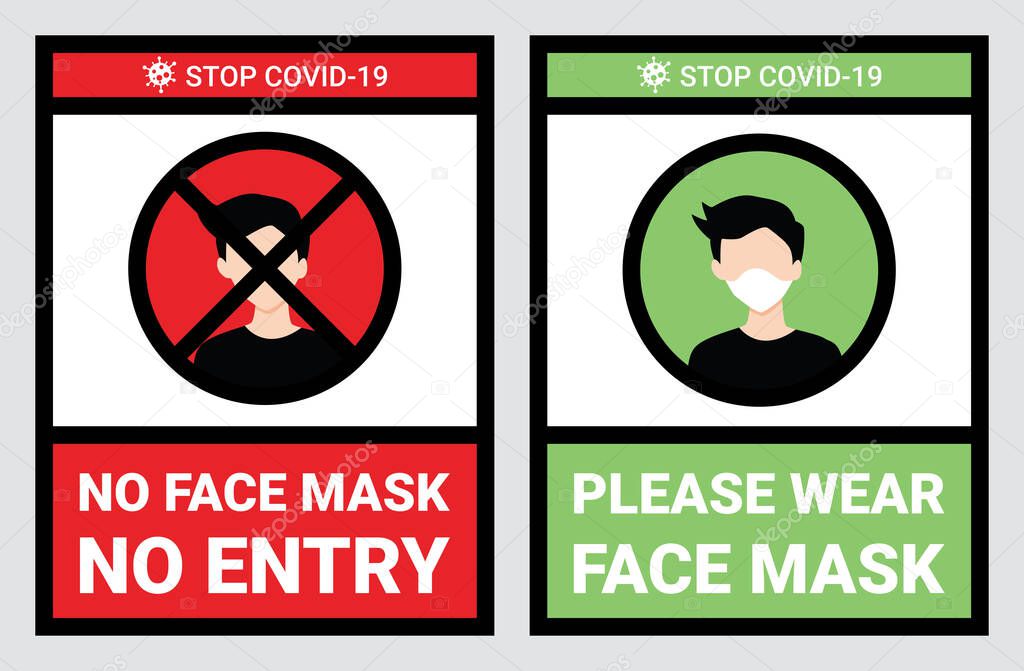 No face mask, No entry to protect and prevent from Coronavirus or Covid-19. Warning sign vector for use to notice to people or visiter beware and wear face mask before enter the stores, supermarkets area