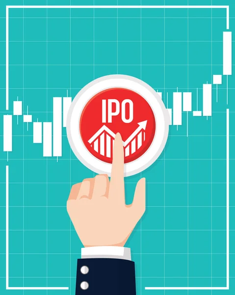 Ipo或首次公开发行公司股票 公司成长理念 以财务图表设计元素 商务人士按下按钮 初创投资和战略风格的矢量说明 — 图库矢量图片