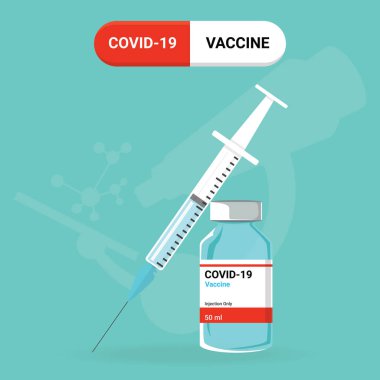 COVID-19 aşısı üretmek için araştırma ve geliştirme. Mavi aşı şişesi ve şırıngayla dizayn edilmiş. Coronavirus 'a karşı korunma ya da savaşma aşısı kavramı. Vektör illüstrasyonu