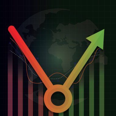 COVID-19 krizinden sonra ekonomik düzelme. Coronavirus salgını sonrası konsept. Ekonomik yatırım artışı. Çizelgeye göre dizayn et, çizgi çizelgesi ve V şeklindeki ok yukarı. Vektör illüstrasyonu