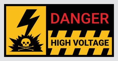 Yüksek voltaj işareti ya da yasak bölge için elektrik güvenlik işareti ya da tehlike servis öncesi elektriği kesmeyin ya da dokunmayın. Ölüm işareti kafatası ve çapraz kemikler tarafından tasarlanmış elektrik çarpacak. Vektör illüstrasyonu