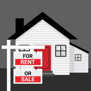 Ev ve gayrimenkul, Covid-19 konsepti salgınından dolayı işsizlik ve ekonomik bunalım nedeniyle kiralık ya da satılık. Coronavirus hastalığı. Kira ya da satış tabelalarıyla ev tasarımı. Vektör illüstrasyonu