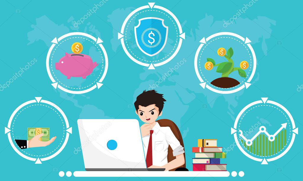 Financial literacy course for adult concept. Design by Business man use laptop for learning of cash reserves, savings money, protect fund, investment and wealth growth. Vector illustration