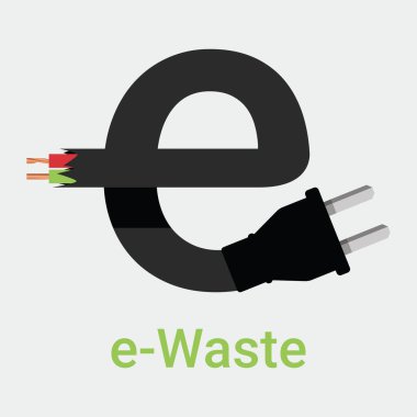 E-çöp ikonu. Eski elektronik atıkların geri dönüşüm sembolü. Ekoloji konsepti. E harfi şeklinde kabloyla dizayn edilmiş. Düz renk biçimi vektörü gri arkaplanda izole edildi