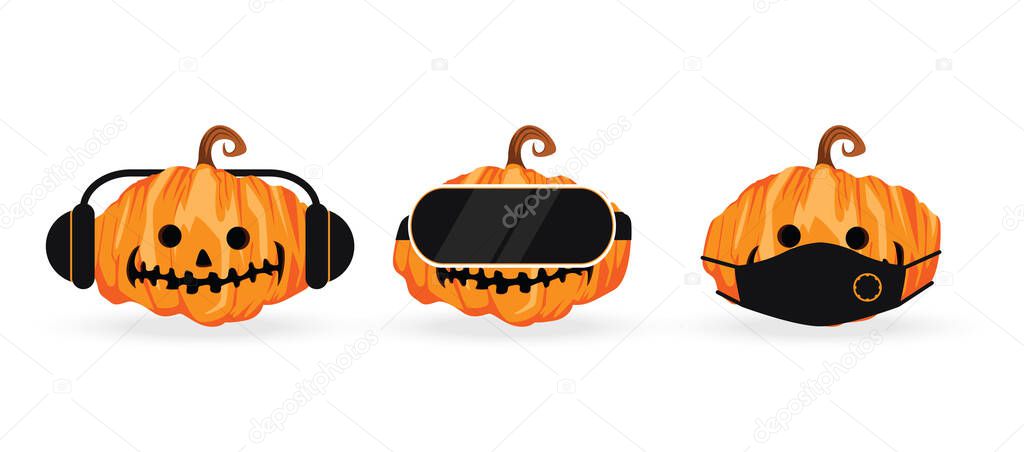 Halloween pumpkin covering ears with headphones, eyes with VR device and mouth with protection mask as looking like the three wise monkeys. Don't see, don't hear and don't speak concept. Vector illustration