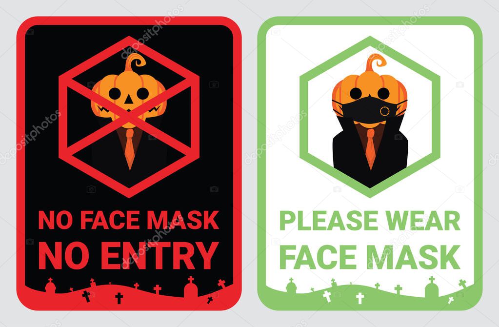 No face mask, No entry to protect & prevent from Coronavirus or Covid-19. Warning sign vector for notice people or visiter beware and wear face mask before enter the stores, supermarkets on Halloween