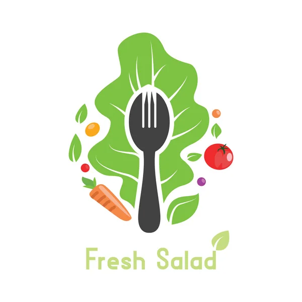 Garfo Com Sinal Logotipo Ornamento Vegetal Salada Ervas Alface Alimentos — Vetor de Stock