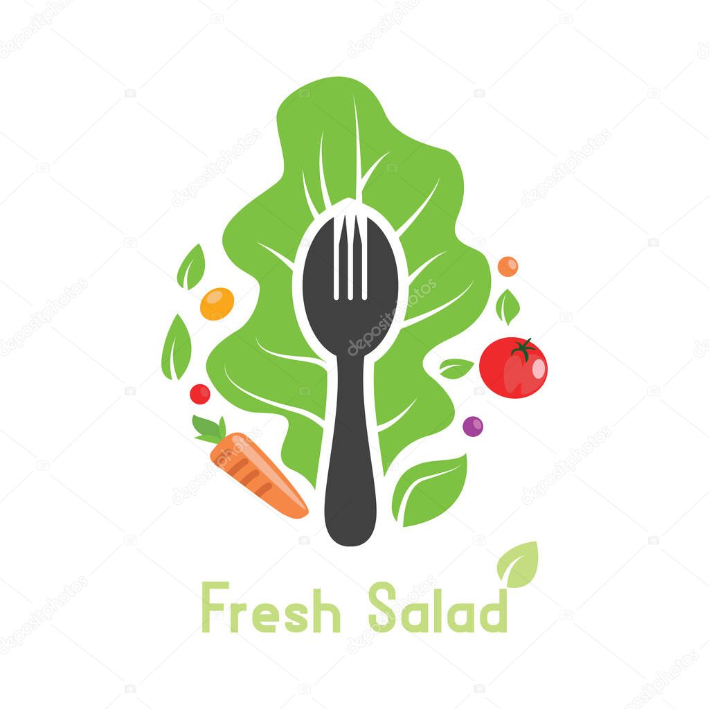 Fork with salad vegetable ornament logo sign. Herbs, lettuce, organic, vegetarian, or vegan food. Natural restaurant concept. Vector illustration can be used for topics like healthy food, salad bar, menu, dieting