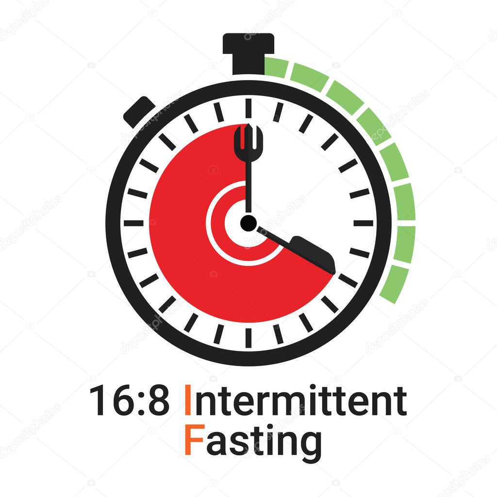 16/8 Intermittent Fasting (IF) is a form of time restricted fasting eating. Daily eating and fasting period for loss weight diet concept. Vector illustration of stop clock face symbol isolated on white background