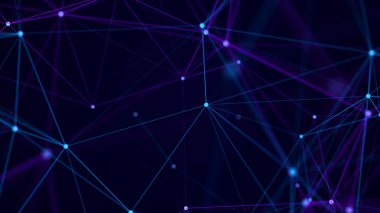 Renkli çizgiler ve noktaların iç içe geçtiği soyut bir arkaplan. Ağ bağlantısı yapısı. Bilgi alışverişi. 3B görüntüleme.