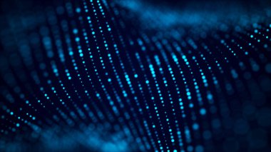 Parlak parçacıkların hareketleriyle soyut bir arkaplan. Dijital teknoloji. Üç Boyut