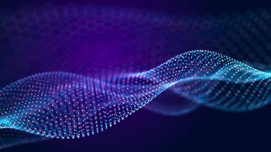 Büyük veri görselleştirmesi. Müzikal müzik akışı. Noktalar ve çizgilerin birbirine bağlandığı soyut bir arkaplan. Üç Boyut .